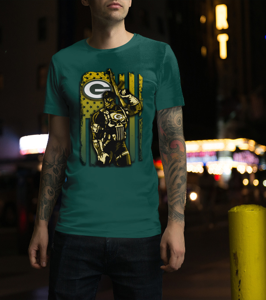 Green Bay Packers Soldier With Rifle And American Flag T-Shirt