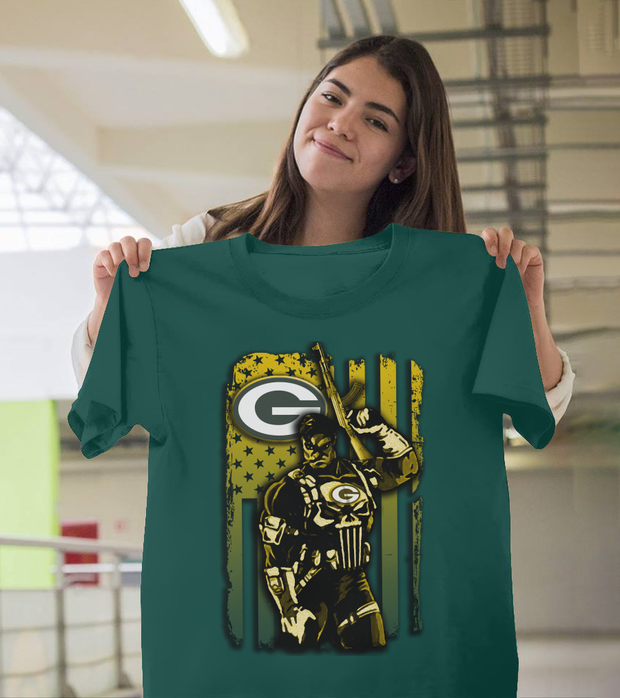 Green Bay Packers Soldier With Rifle And American Flag T-Shirt