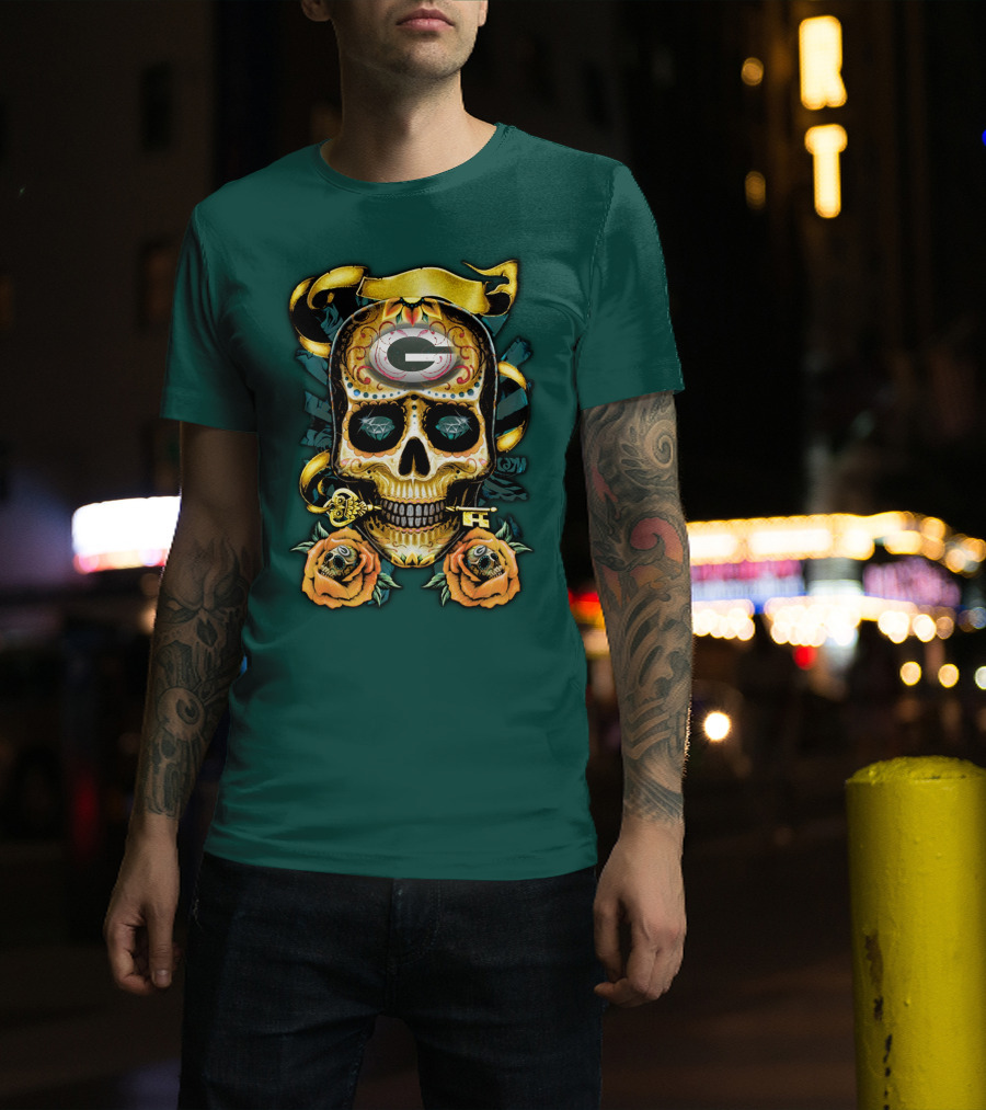 Green Bay Packers Sugar Skull Gothic Design With Floral And Key Elements T-Shirt