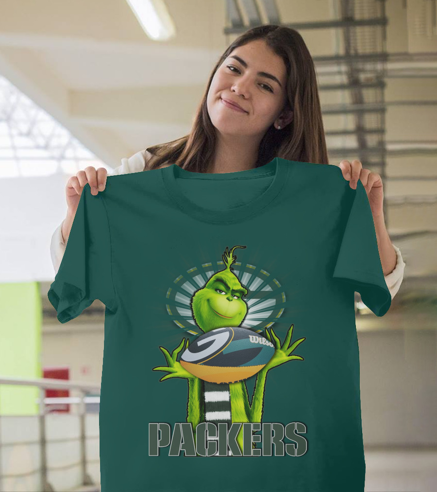 Grinch Holding Green Bay Packers Wilson Football T-Shirt