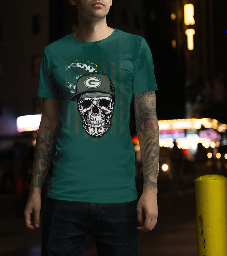 Skull Wearing Green Bay Packers Cap On Flag Background T-Shirt