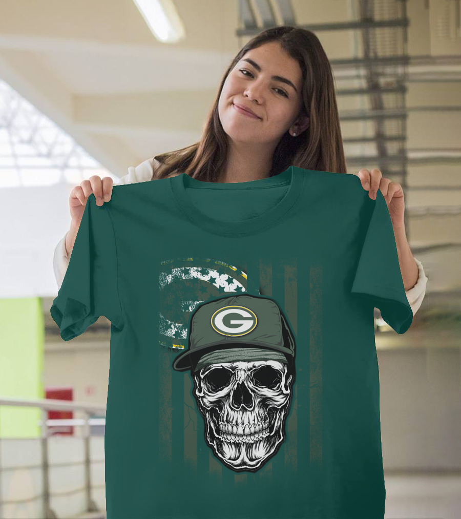 Skull Wearing Green Bay Packers Cap On Flag Background T-Shirt