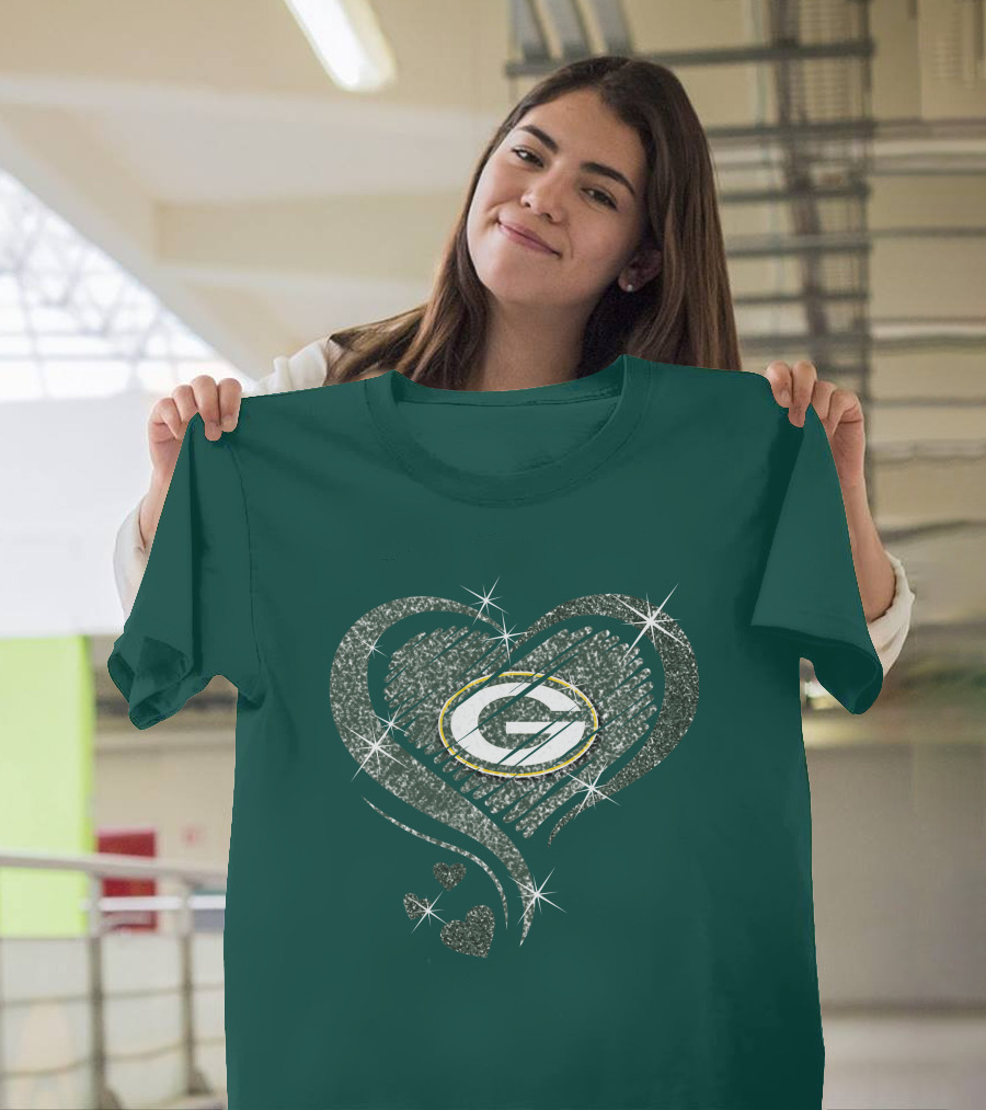 Green Bay Packers Heart Diamond Sparkle T-Shirt