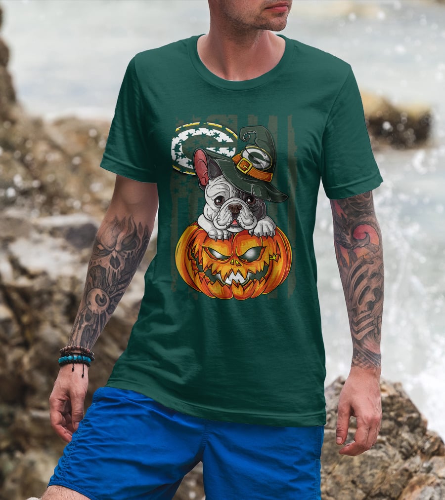 Hlw Bulldog Halloween Witch Green Bay Packers Pumpkin T-Shirt