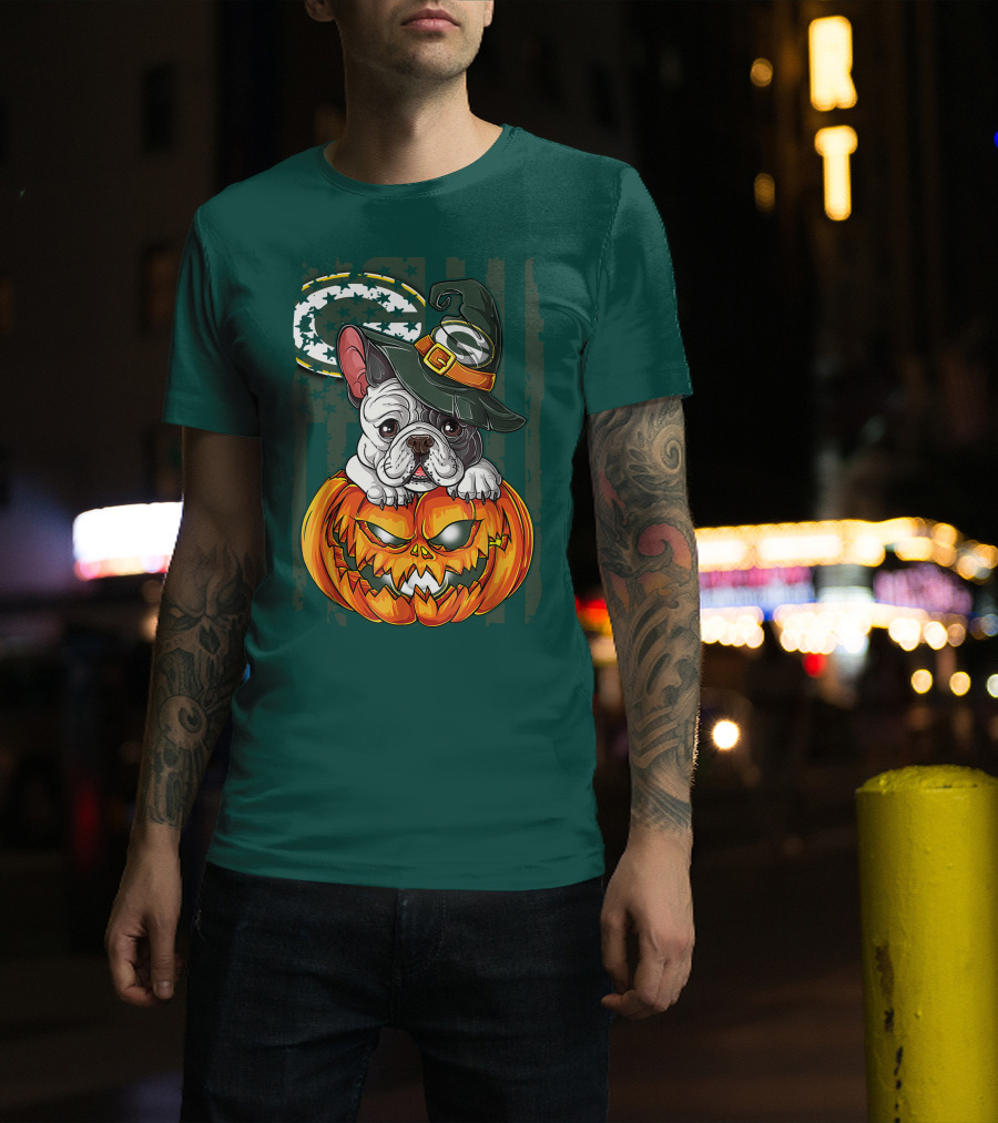 Hlw Bulldog Halloween Witch Green Bay Packers Pumpkin T-Shirt