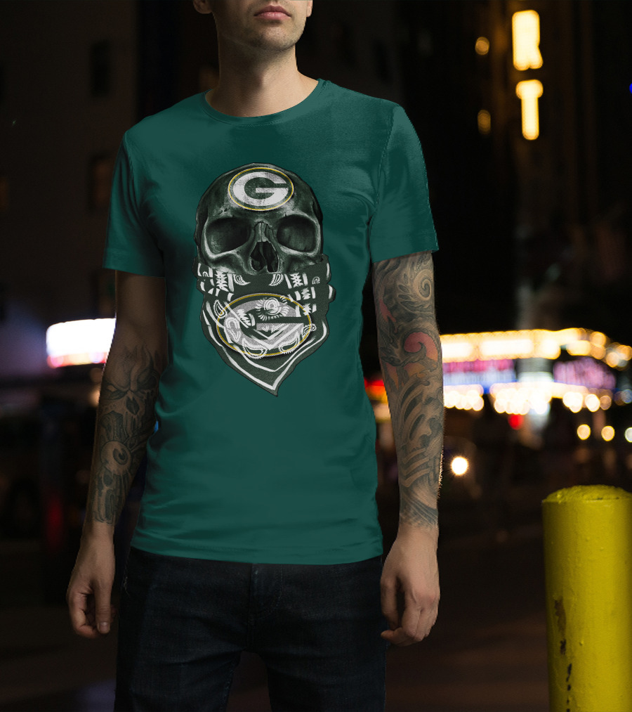 Skull Wearing Green Bay Packers Bandana T-Shirt