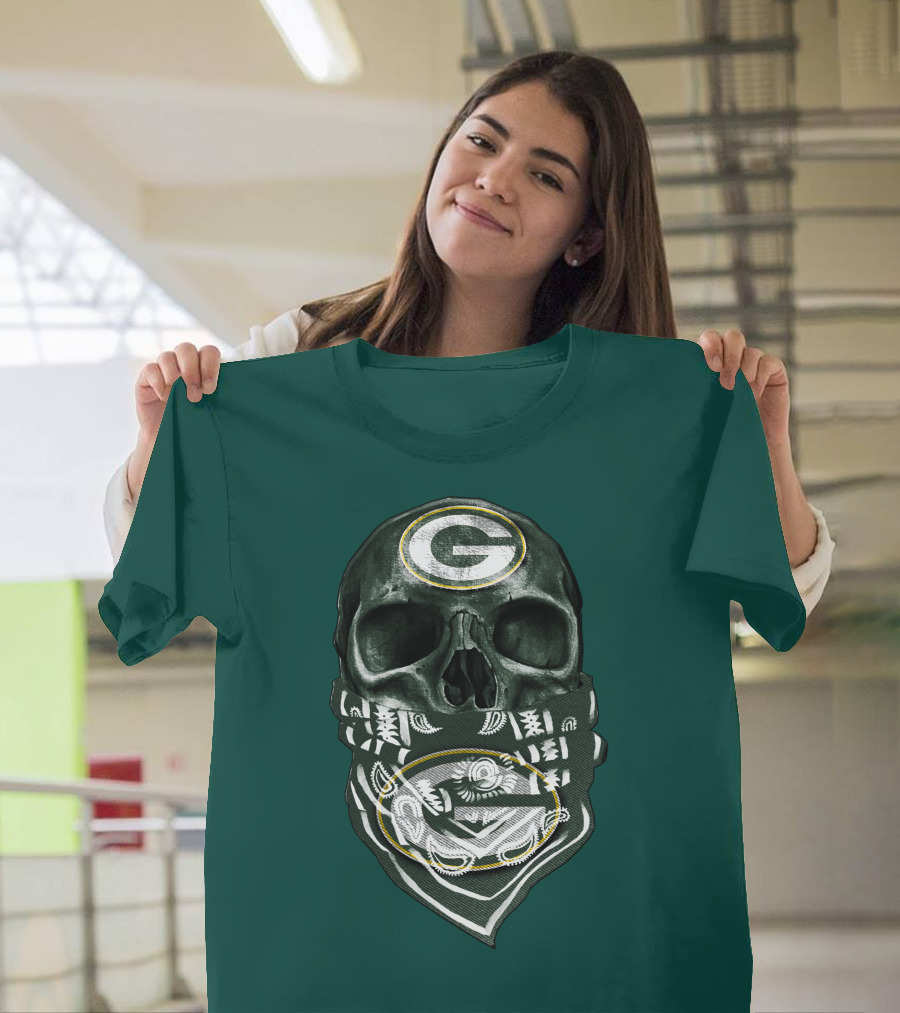 Skull Wearing Green Bay Packers Bandana T-Shirt