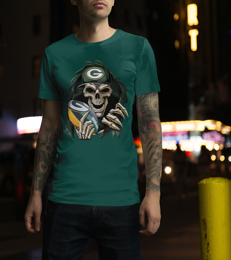 Skull With Green Bay Packers Cap Holding Football On Dark Green T-Shirt