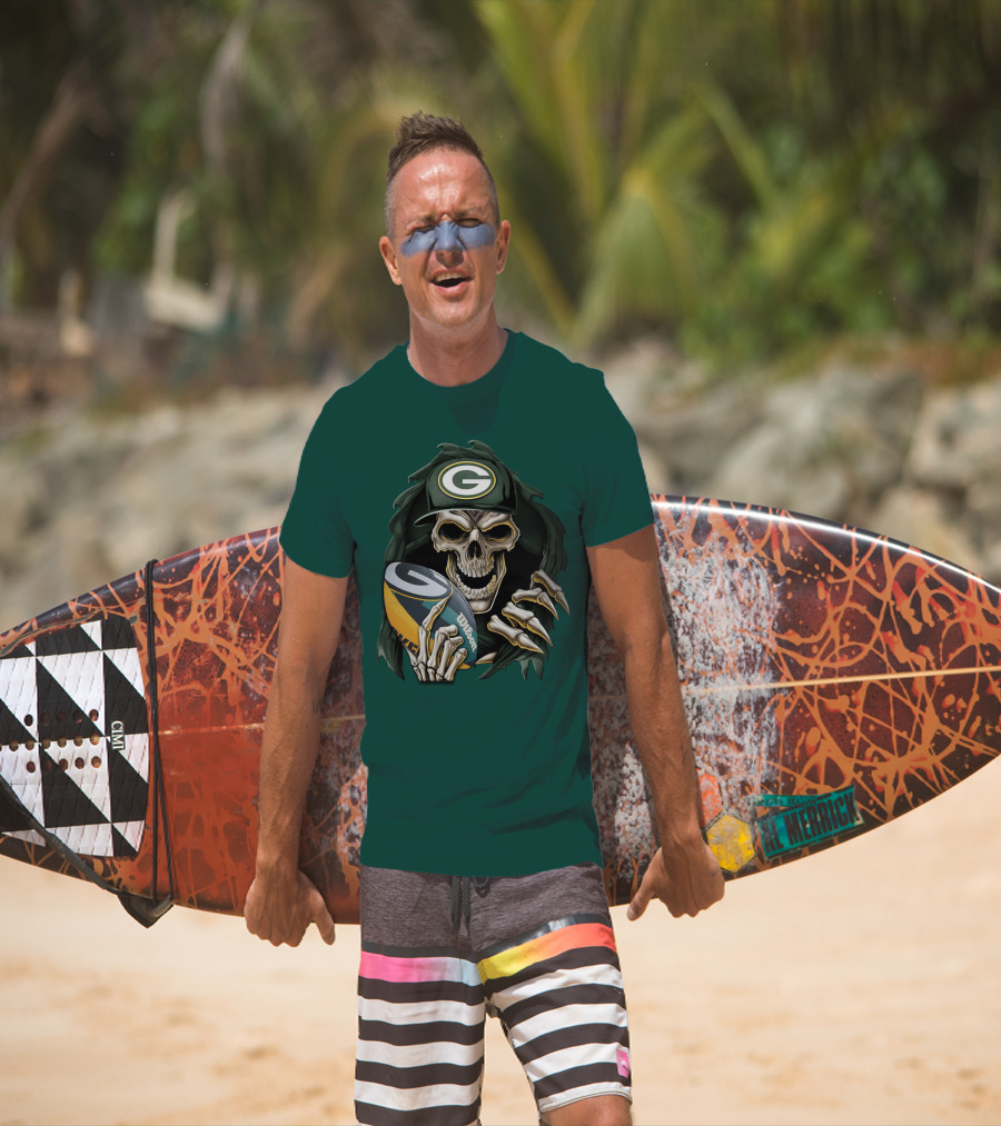 Skull With Green Bay Packers Cap Holding Football On Dark Green T-Shirt