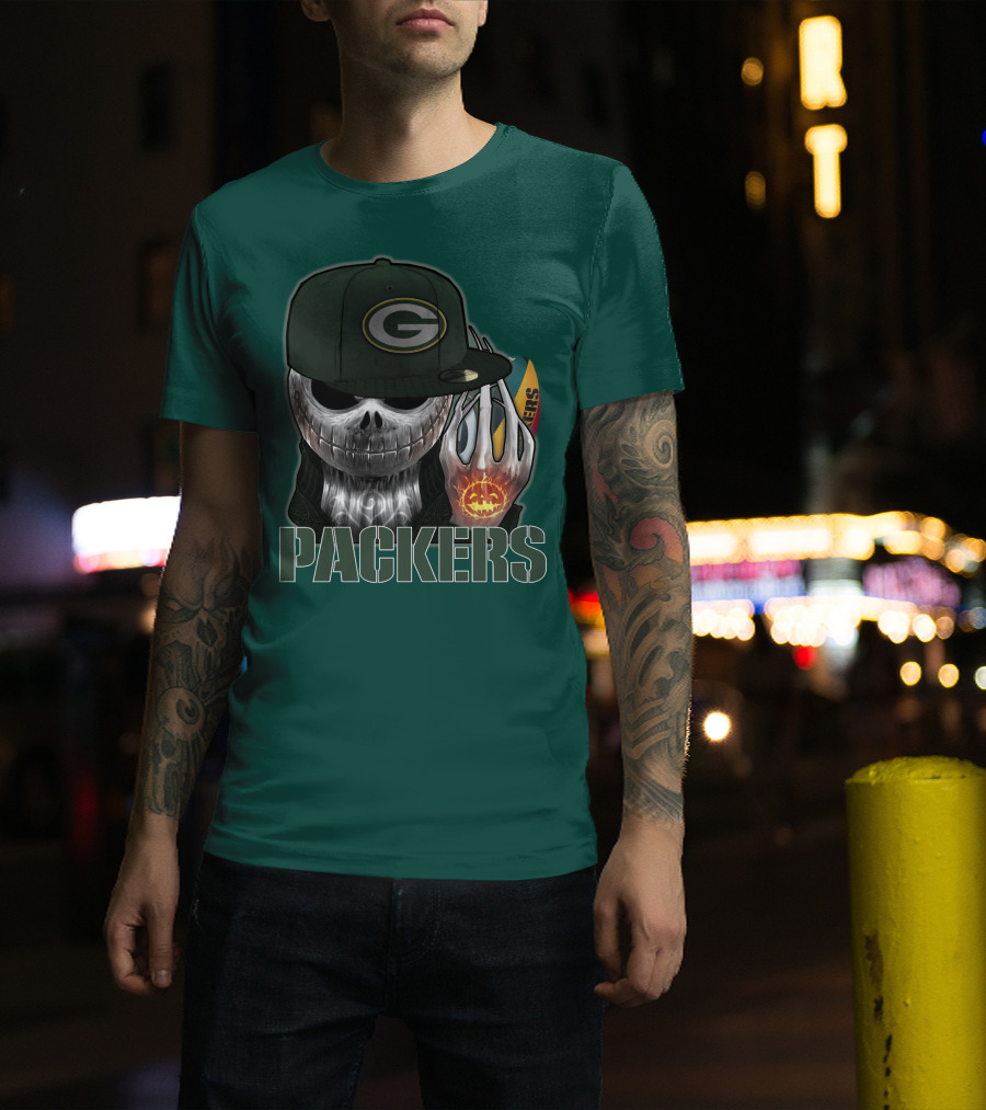 Jackskull Green Bay Packers Halloween Theme Packers Fan Skull T-Shirt
