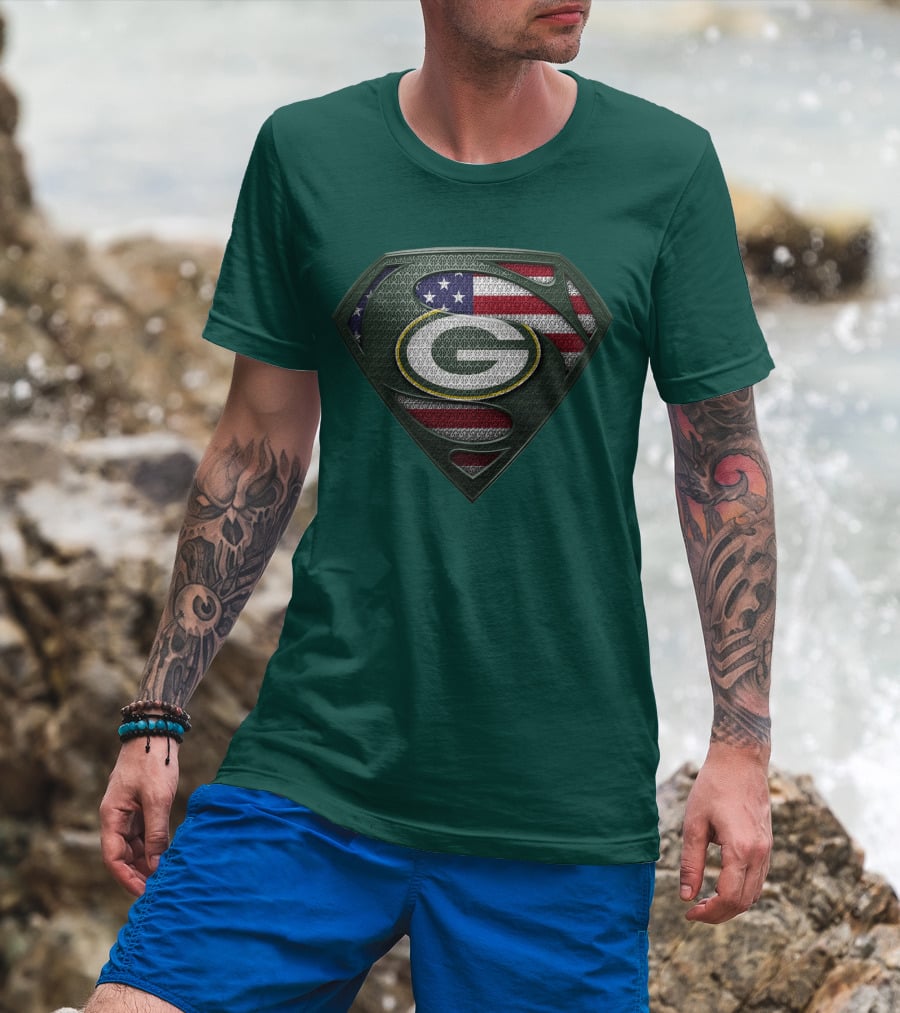 Spm Green Bay Packers American Flag Superman T-Shirt