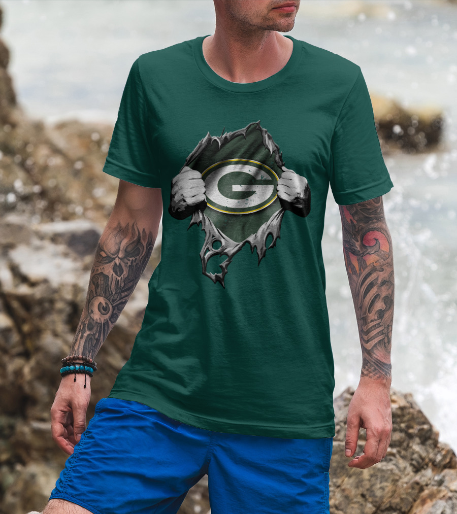 Torn Green Bay Packers Logo With Hands On Green Background T-Shirt