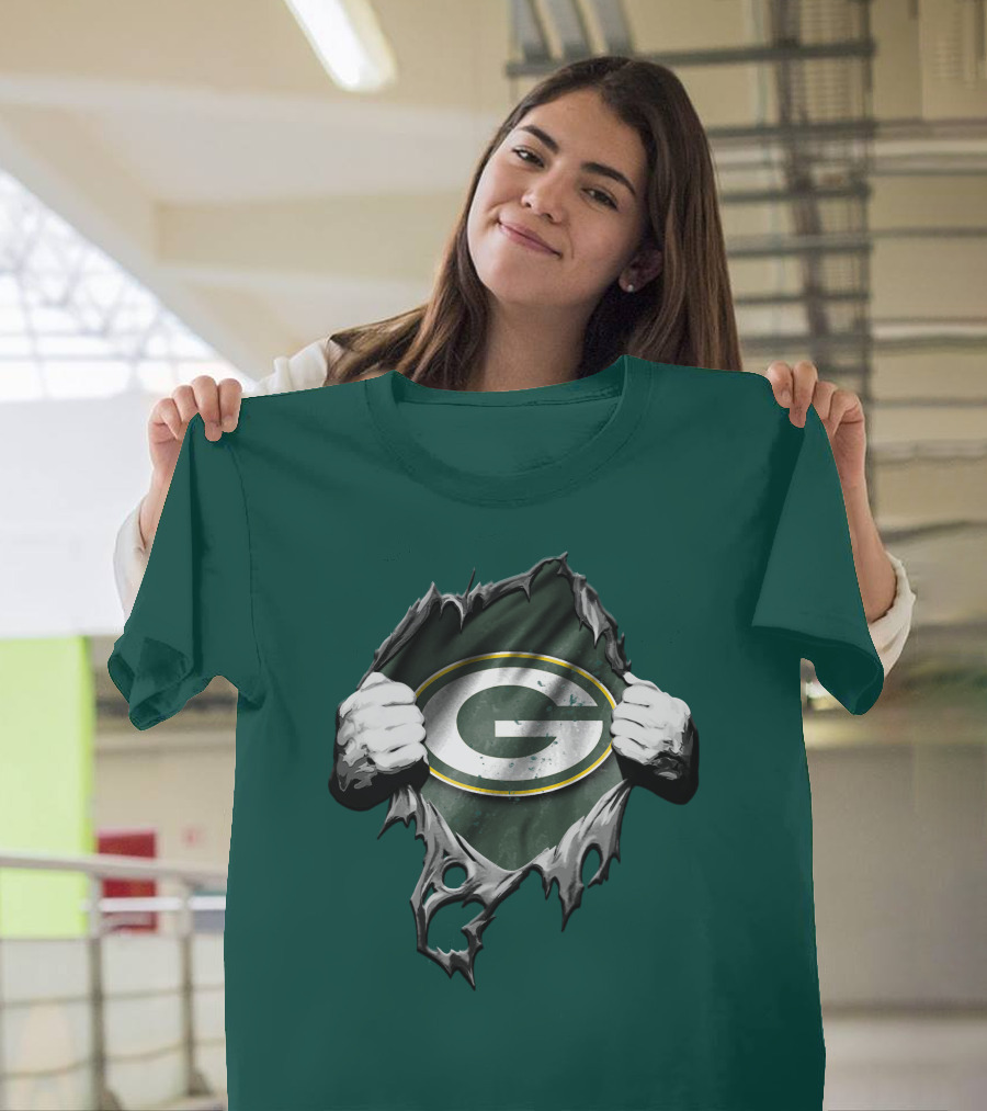 Torn Green Bay Packers Logo With Hands On Green Background T-Shirt