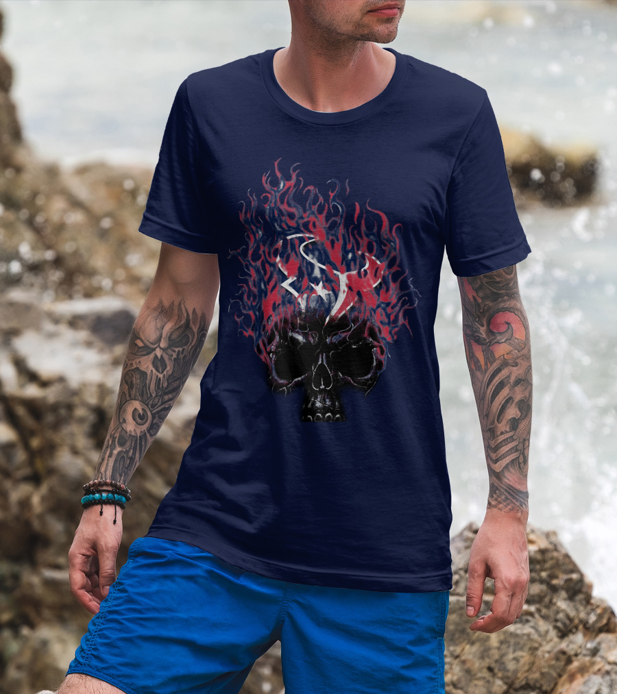 Houston Texans Skull With Fiery Logo And Flames T-Shirt