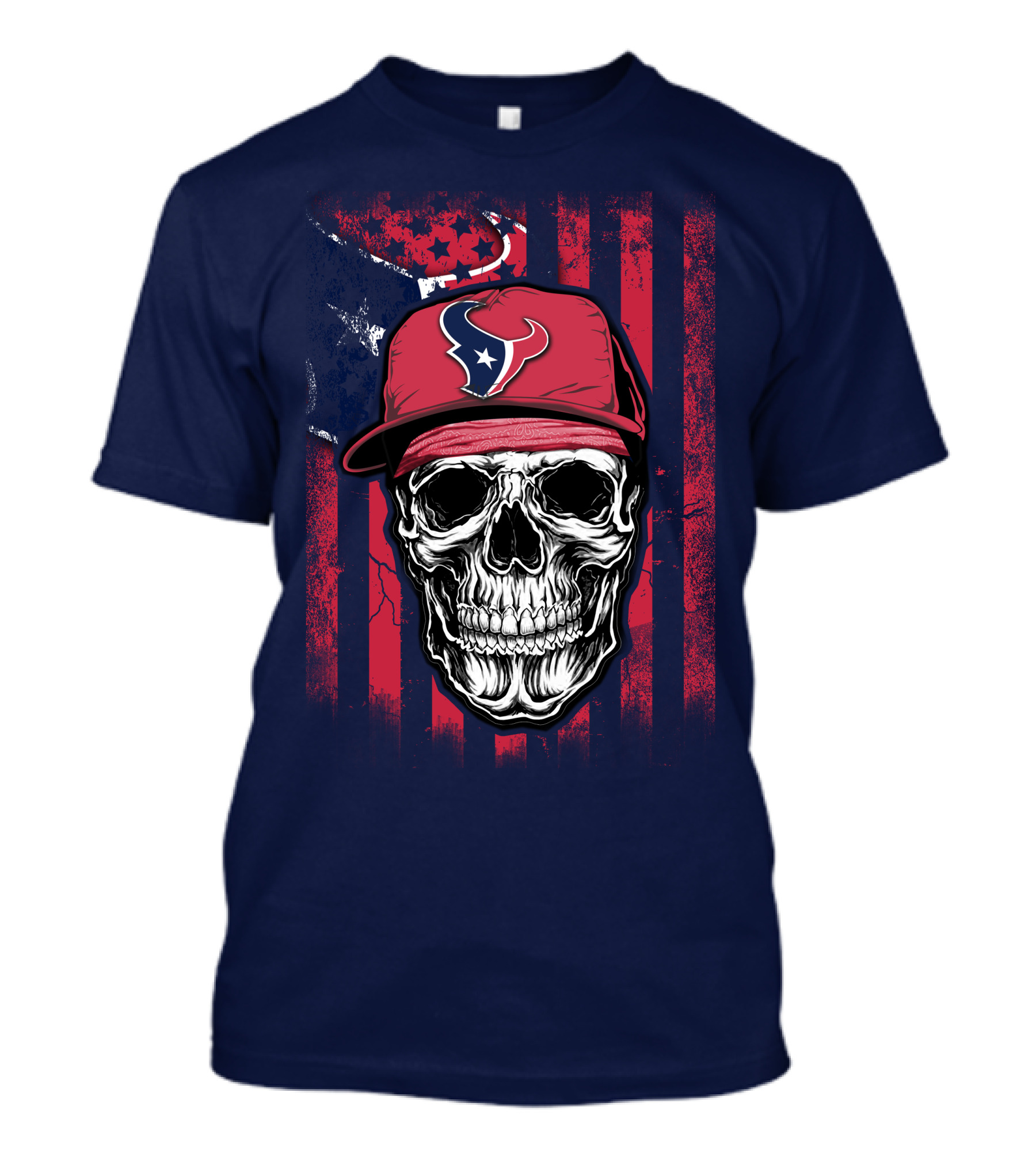 Skull In Houston Texans Hat With American Flag Background T-Shirt