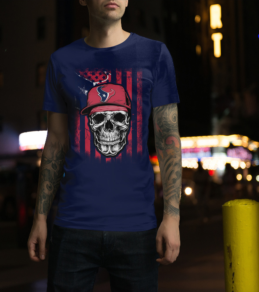 Skull In Houston Texans Hat With American Flag Background T-Shirt
