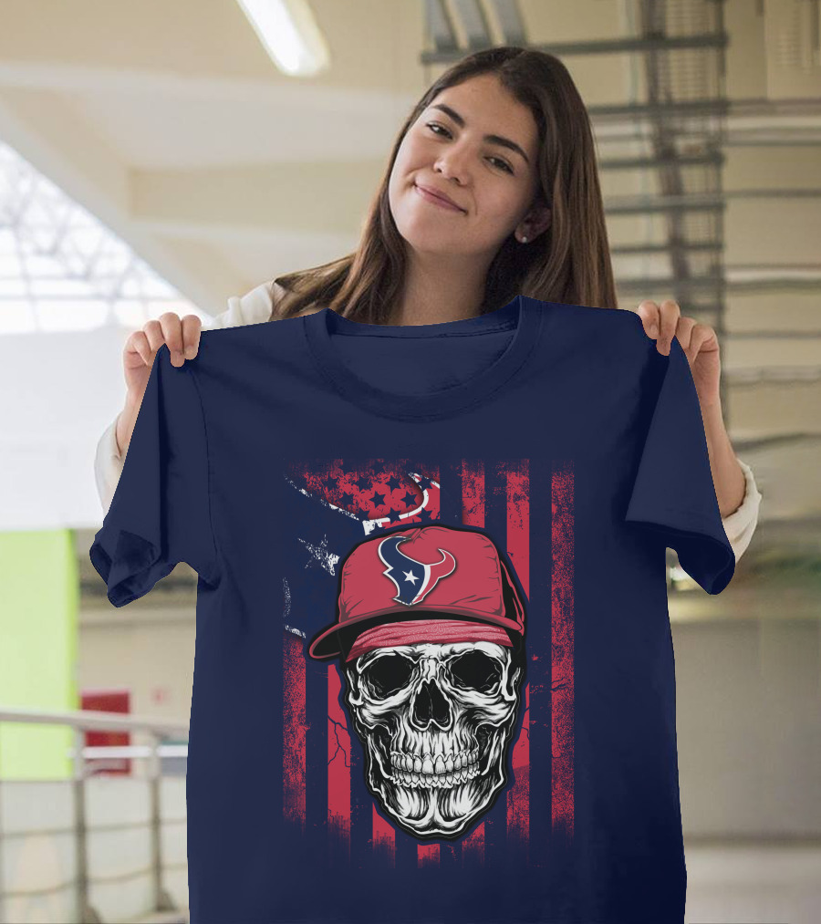 Skull In Houston Texans Hat With American Flag Background T-Shirt