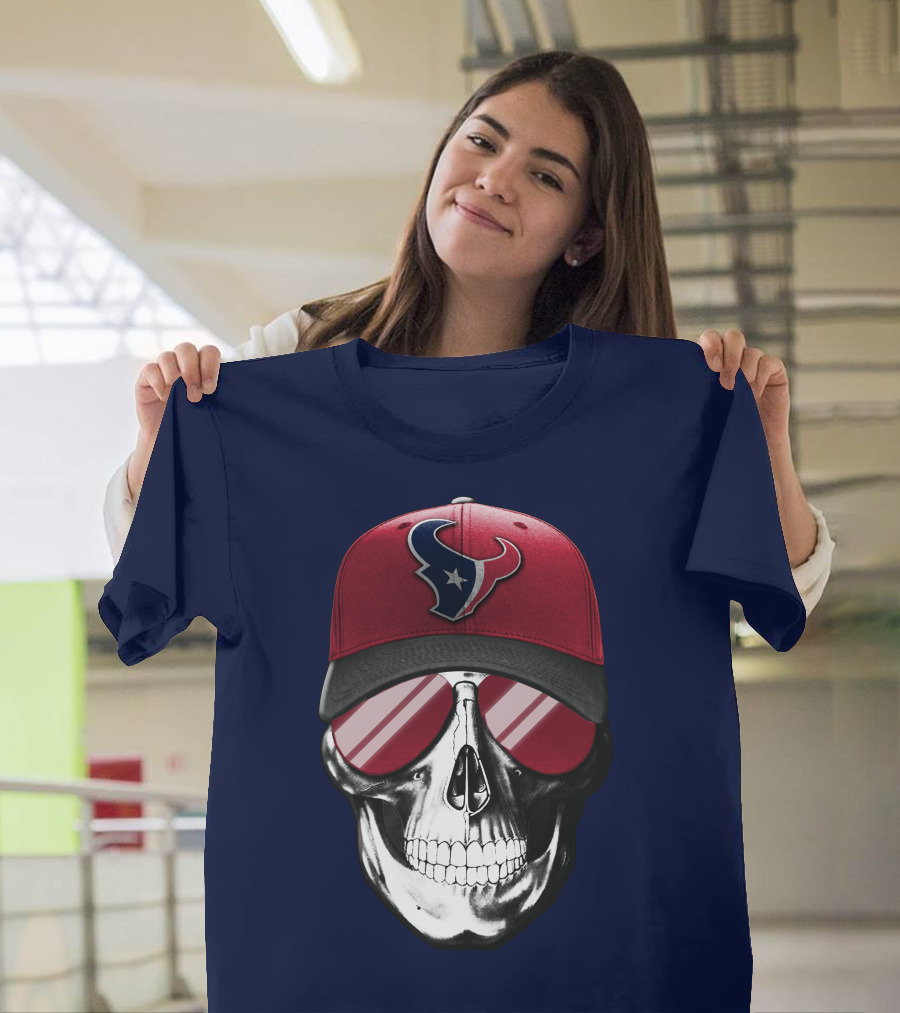 Skull with Houston Texans Logo Hat and Reflective Sunglasses T-Shirt