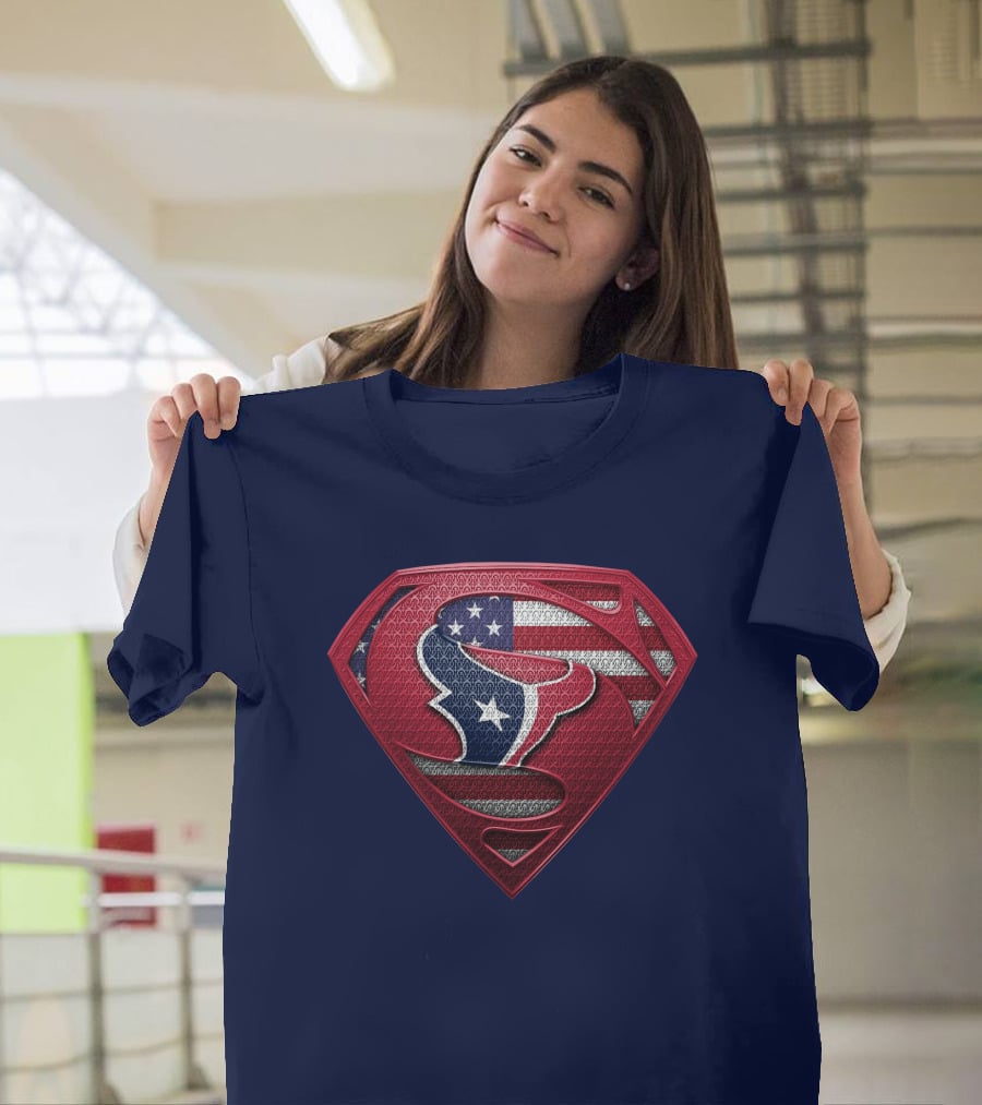 Spm Houston Texans Superman Shield American Flag T-Shirt