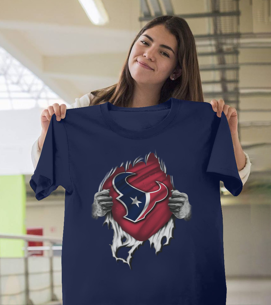 Torn Houston Texans Emblem Revealed Through Superhero Rip Effect T-Shirt