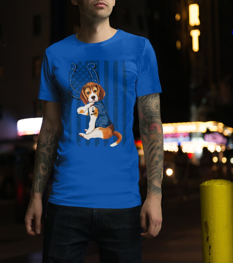 Beagle Wearing I Love Mom Indianapolis Colts Shirt With Horseshoe T-Shirt