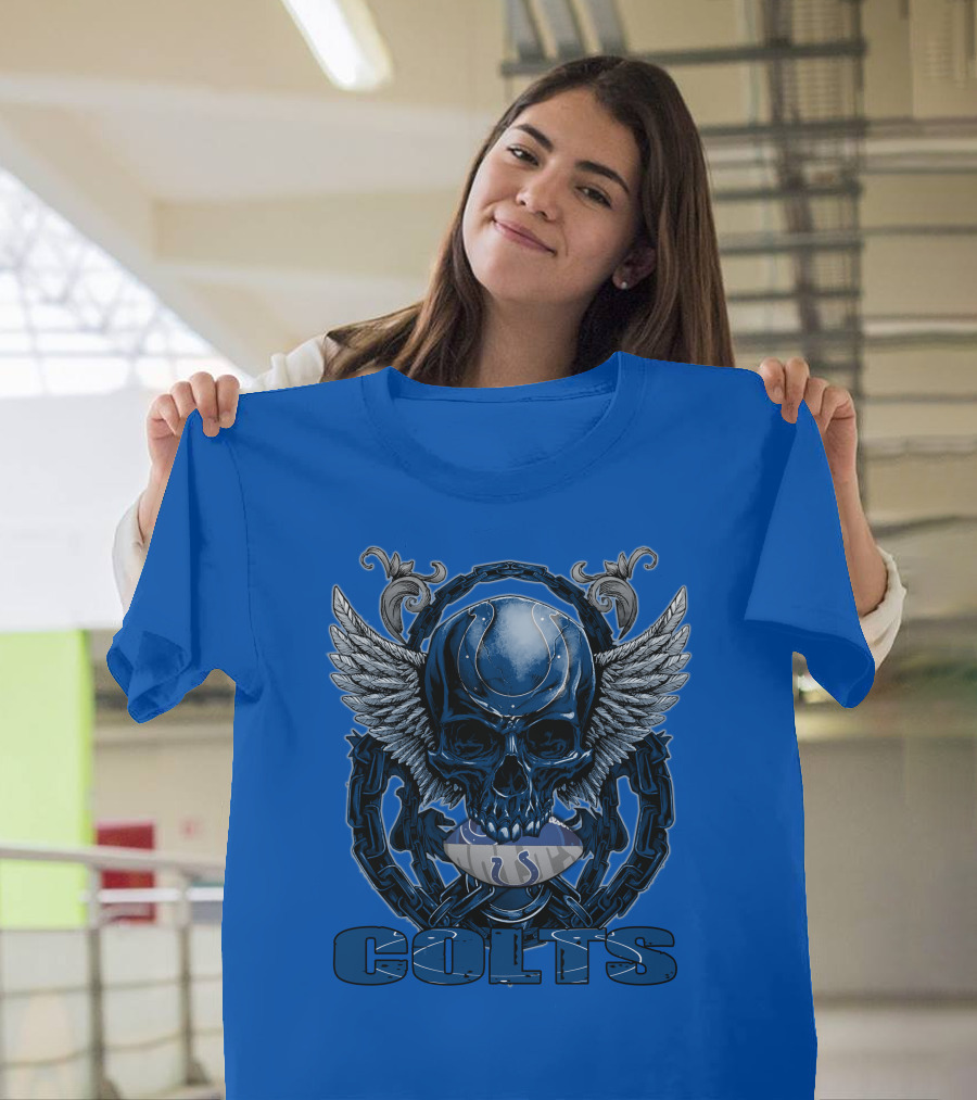 Colts Skullfb Winged Blue Skull Design for Indianapolis Colts Fans T-Shirt