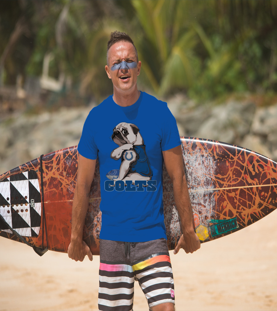 Pug Colts Fan With Blue Football Gear T-Shirt