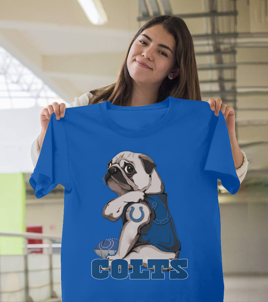 Pug Colts Fan With Blue Football Gear T-Shirt
