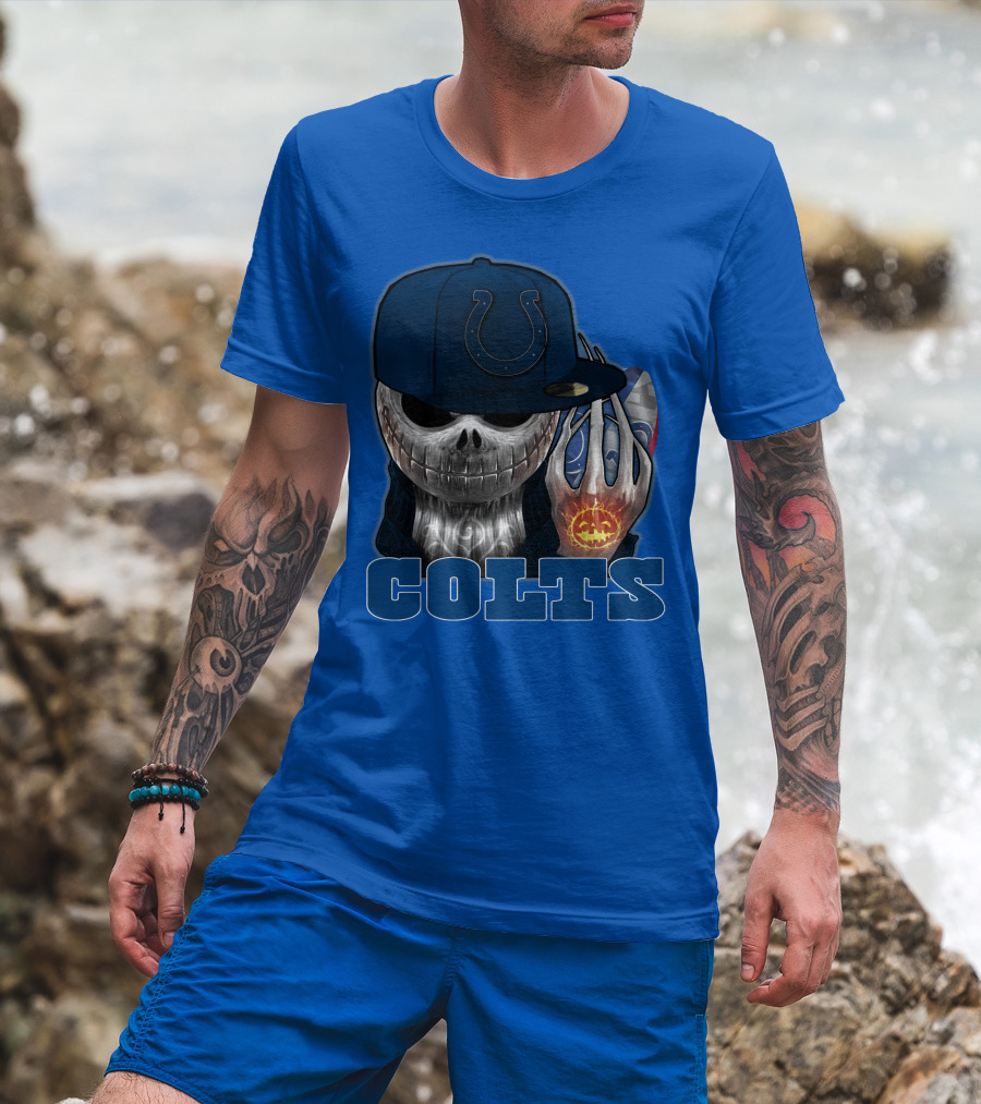 Colts Halloween Skull With Indianapolis Blue And Jack O'lantern Hand T-Shirt