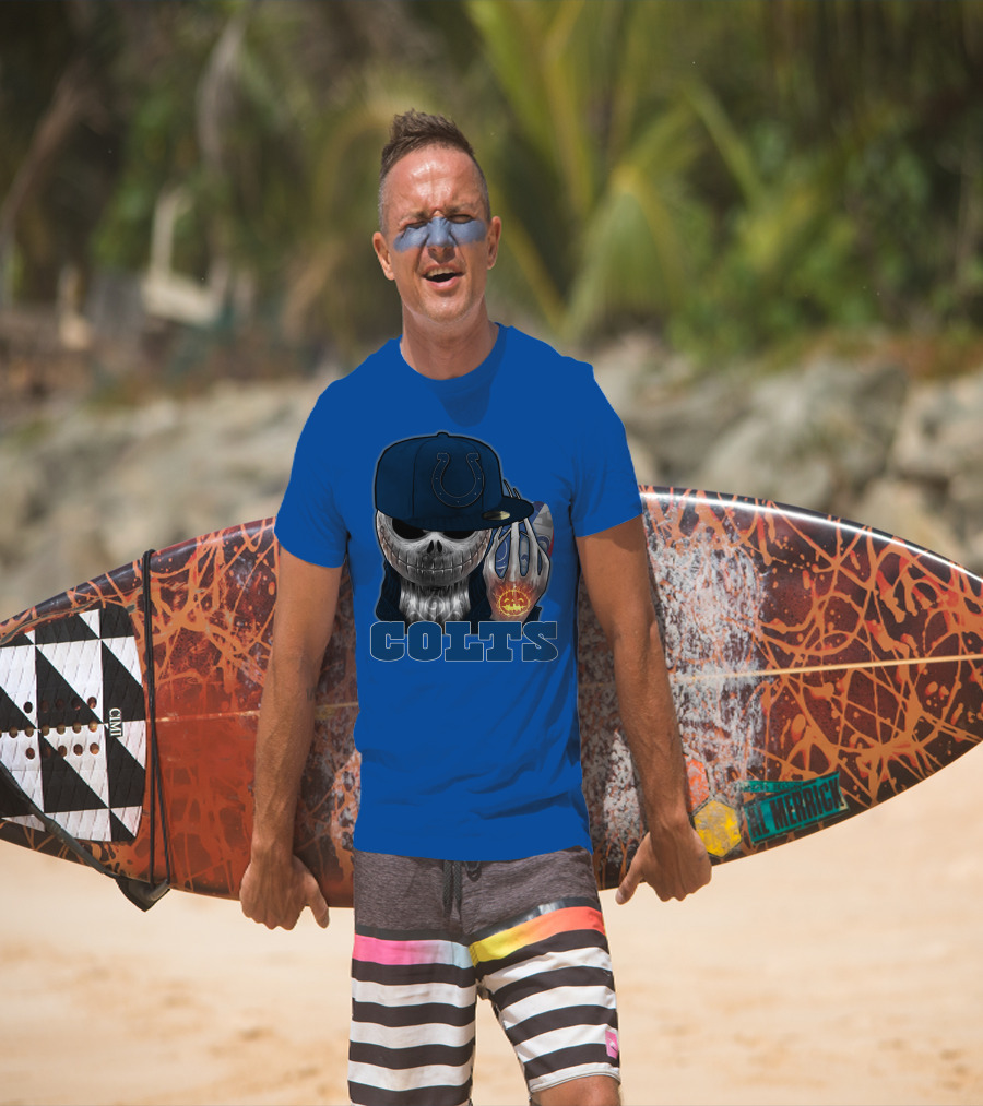 Colts Halloween Skull With Indianapolis Blue And Jack O'lantern Hand T-Shirt