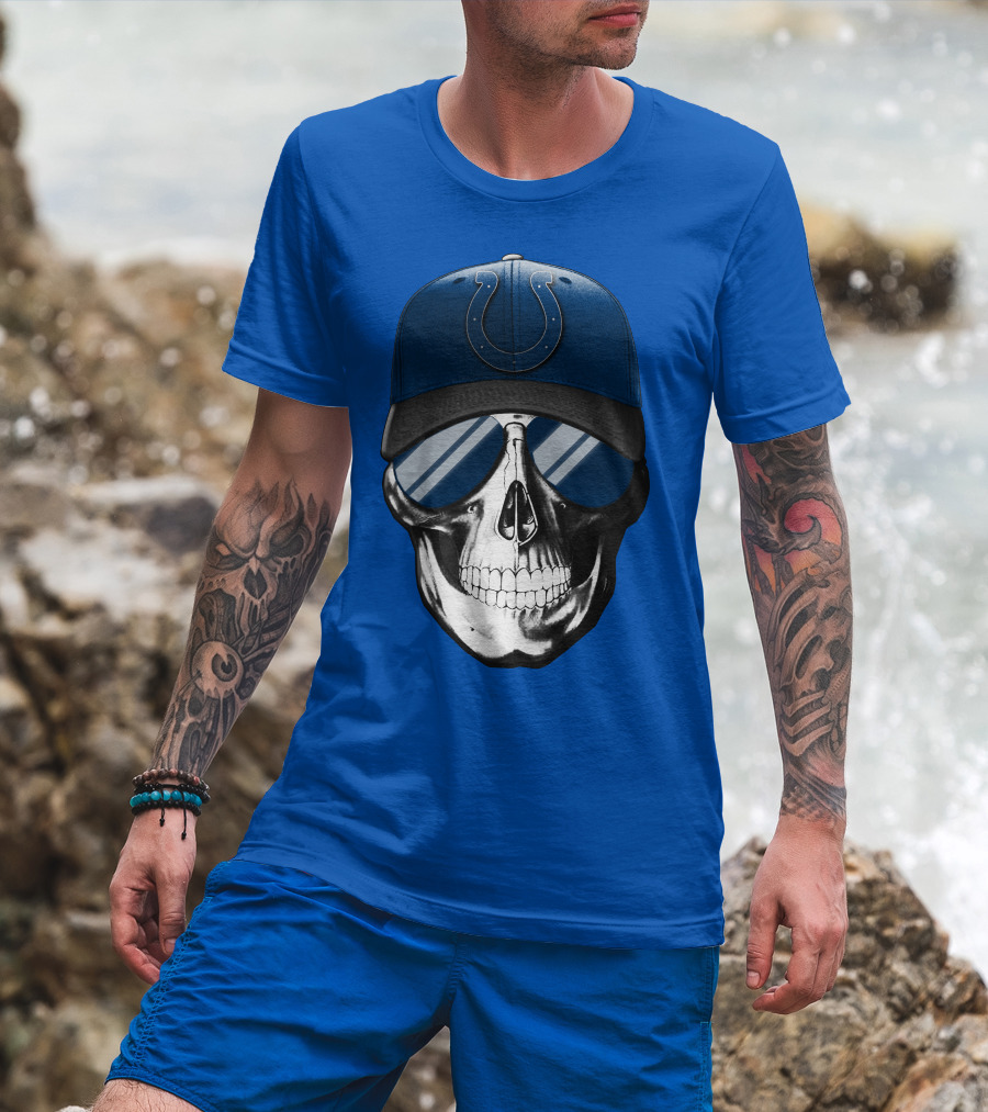 Skull Wearing Indianapolis Colts Cap With Sunglasses T-Shirt