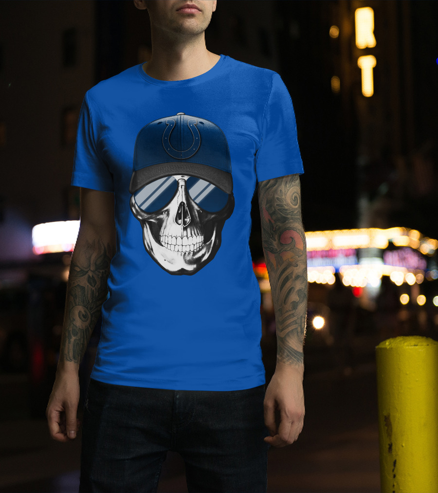 Skull Wearing Indianapolis Colts Cap With Sunglasses T-Shirt