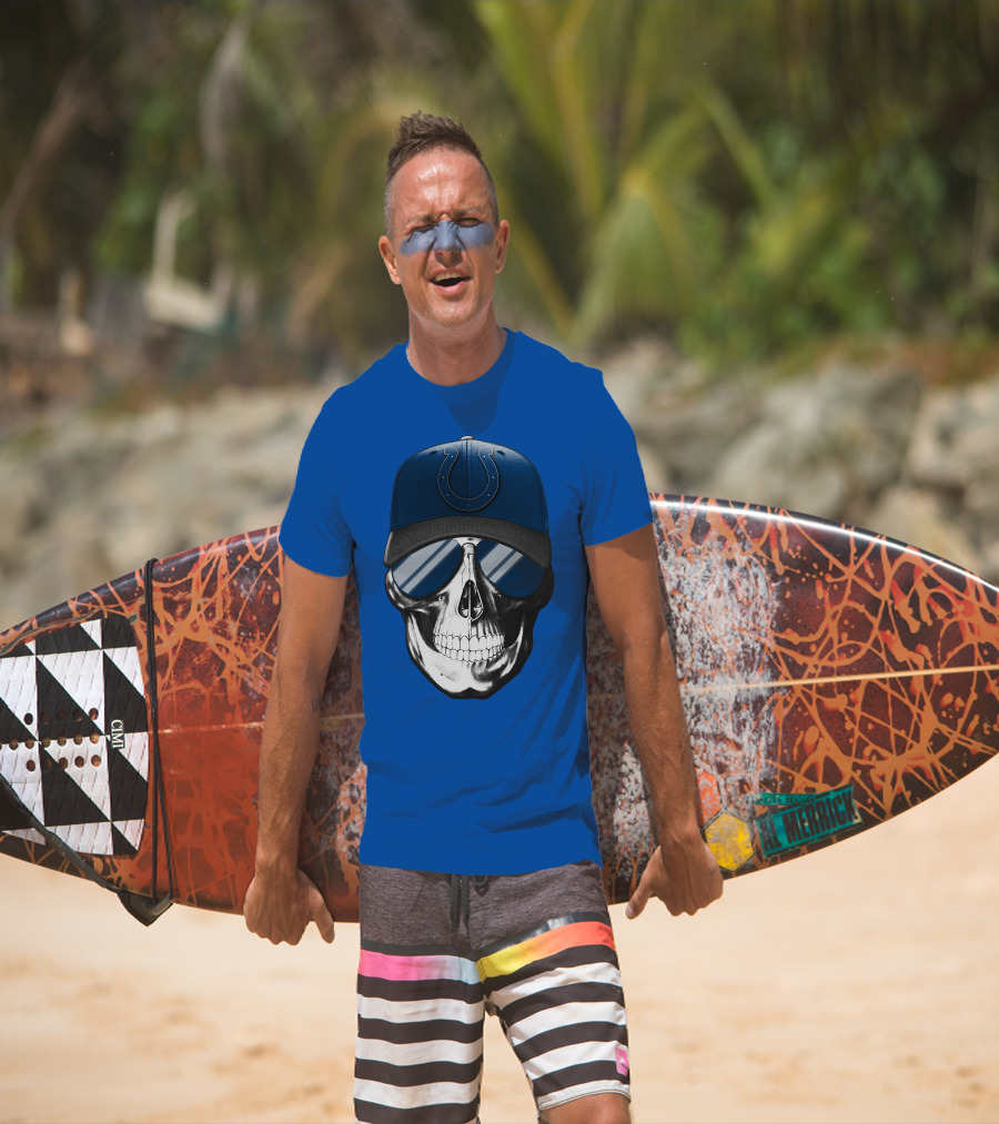 Skull Wearing Indianapolis Colts Cap With Sunglasses T-Shirt