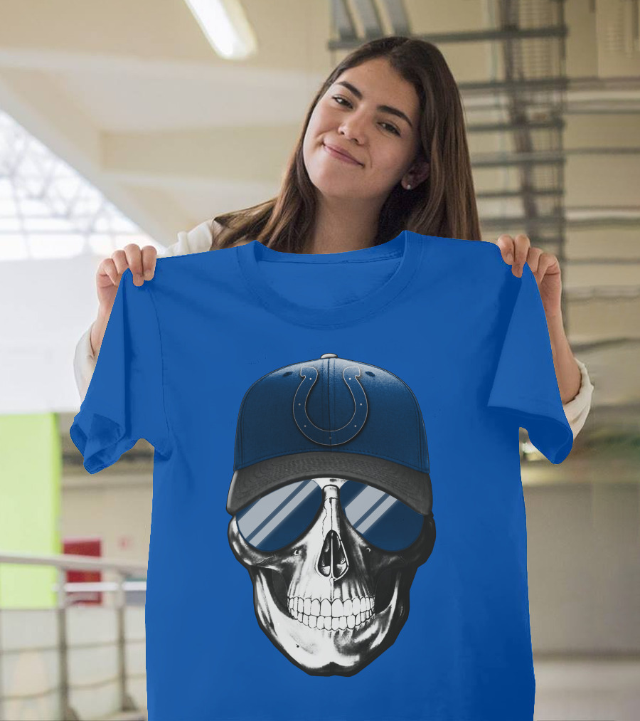 Skull Wearing Indianapolis Colts Cap with Sunglasses T-Shirt