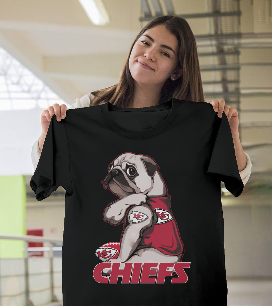 Pug Wearing Kansas City Chiefs Jersey with Football T-Shirt