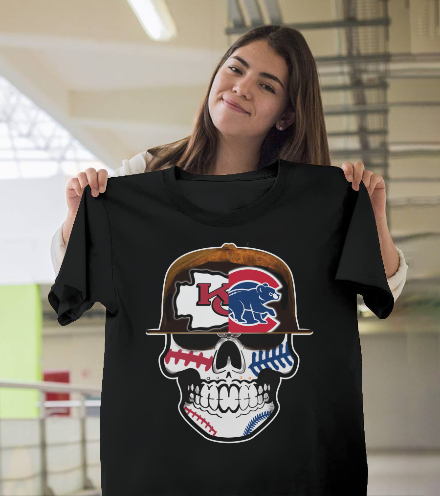 Kansas City Chiefs Chicago Cubs Skull Baseball Football Fusion T-Shirt