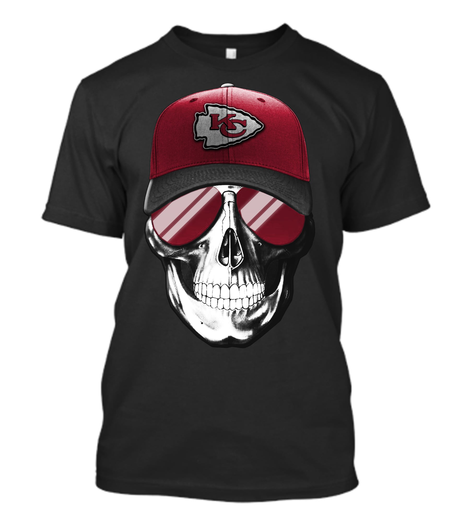 Skull Wearing Kansas City Chiefs Hat With Reflective Shades T-Shirt