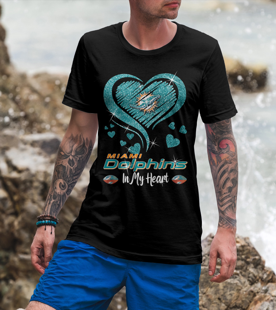 Miami Dolphins In My Heart Sparkling Teal Design With Logo And Hearts T-Shirt