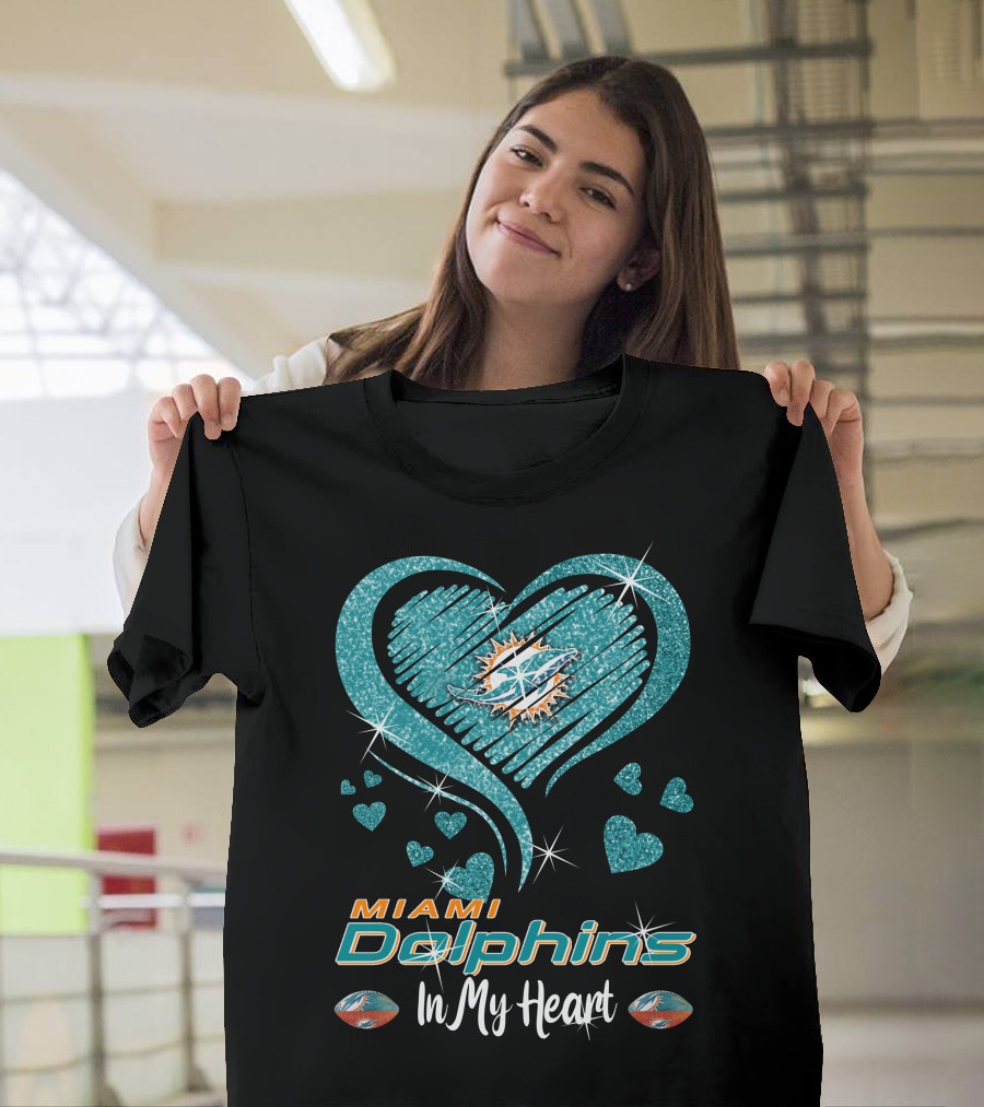 Miami Dolphins In My Heart Sparkling Teal Design With Logo And Hearts T-Shirt