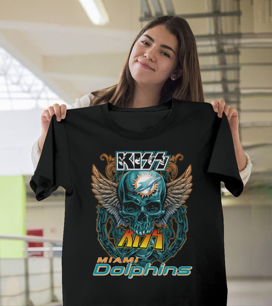 Kiss Miami Dolphins Skull Art With Wings And Chains T-Shirt