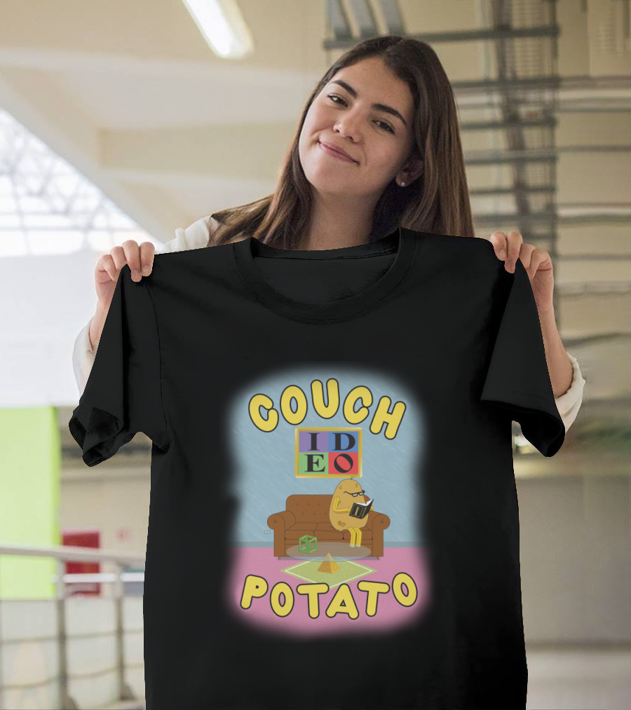Couch Potato Reading by IDEO on Sofa with Pyramid and Cube T-Shirt