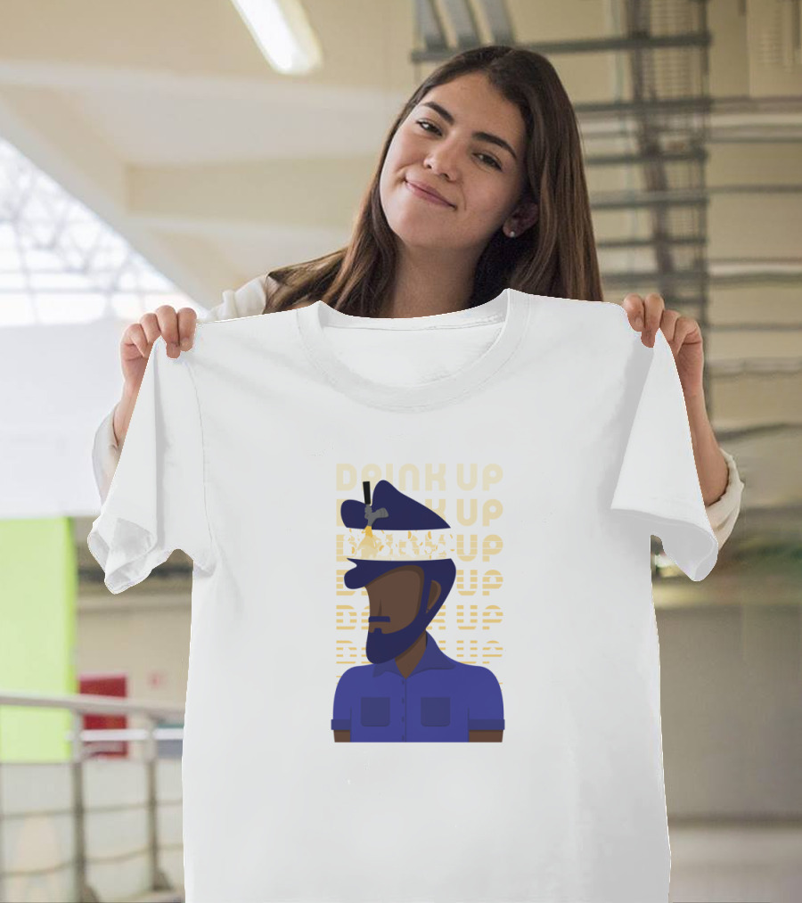 Drink Up Repeated Text with Stylized Bearded Man Wearing Blue and Helmet T-Shirt