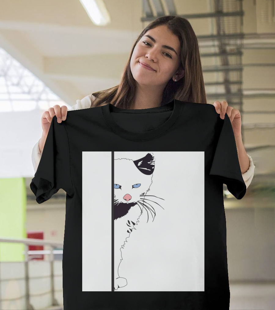 Punk Cat Illustration with Black and White Design and Blue Eyes T-Shirt