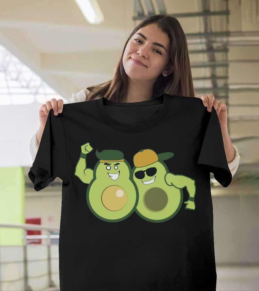 AvocaBROS Fun Cartoon Style Avocado Duo with Caps and Sunglasses T-Shirt