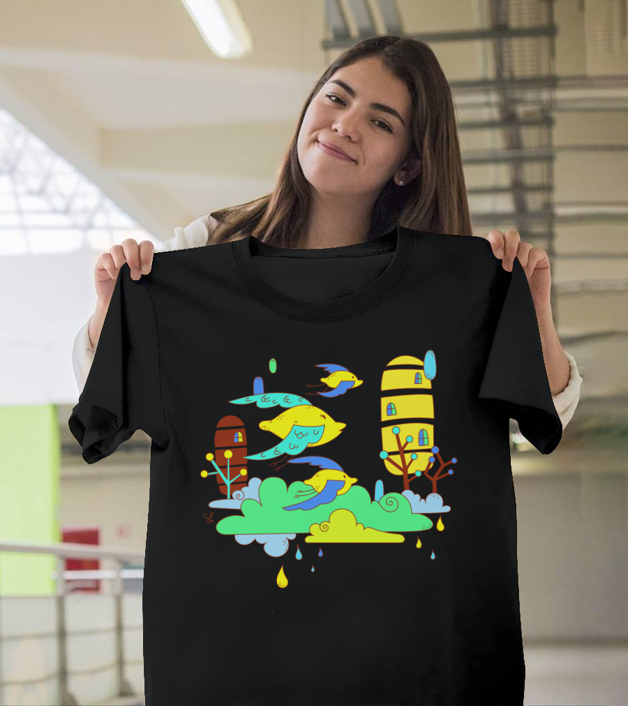 Colorful Lemon Bird Flight with Quirky Whimsical Houses T-Shirt