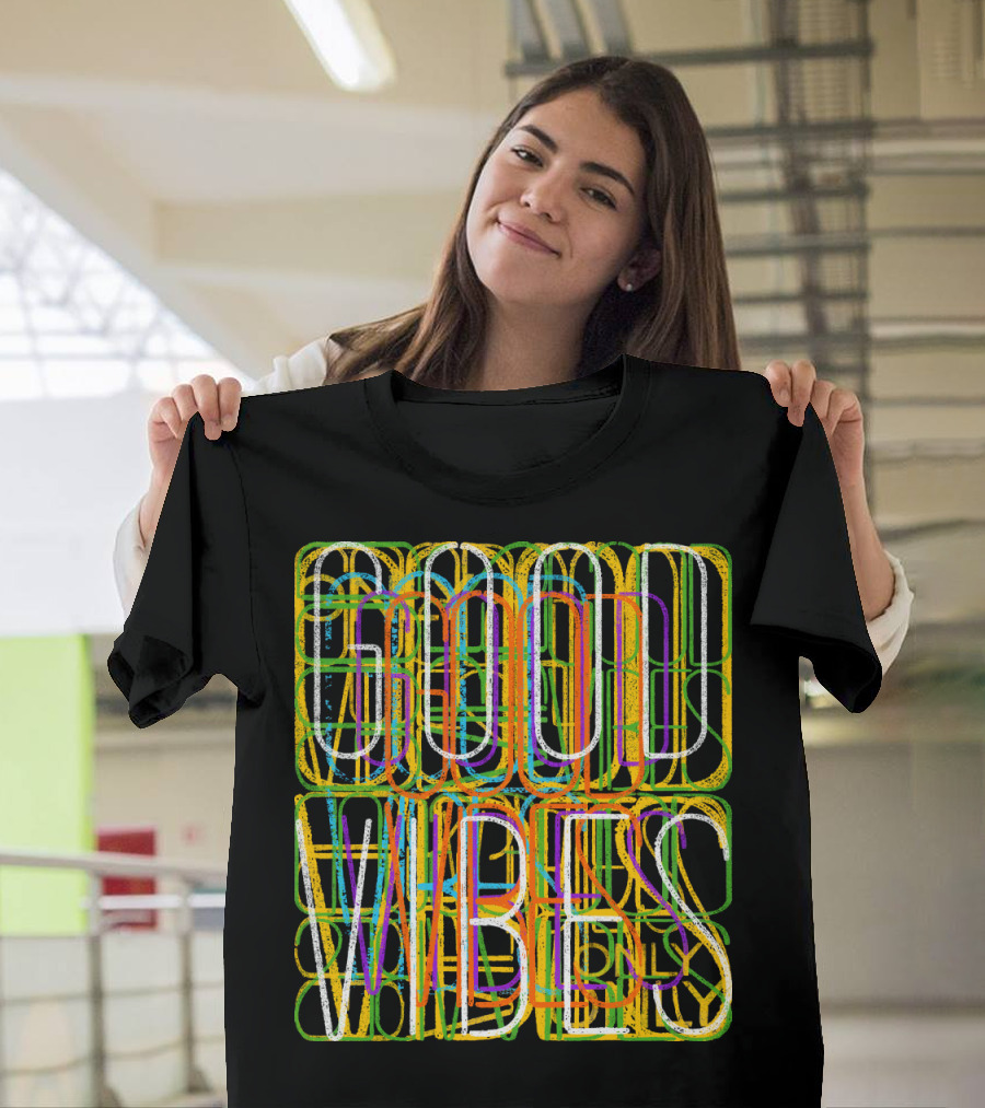 Good Vibes Neon Lights Colorful Overlapping Text T-Shirt