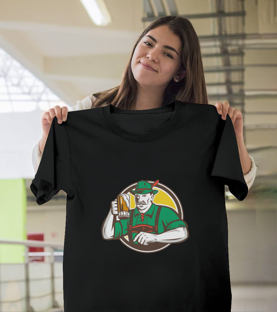Bavarian Oktoberfest Beer Drinker in Traditional Attire with Lederhosen and Hat T-Shirt
