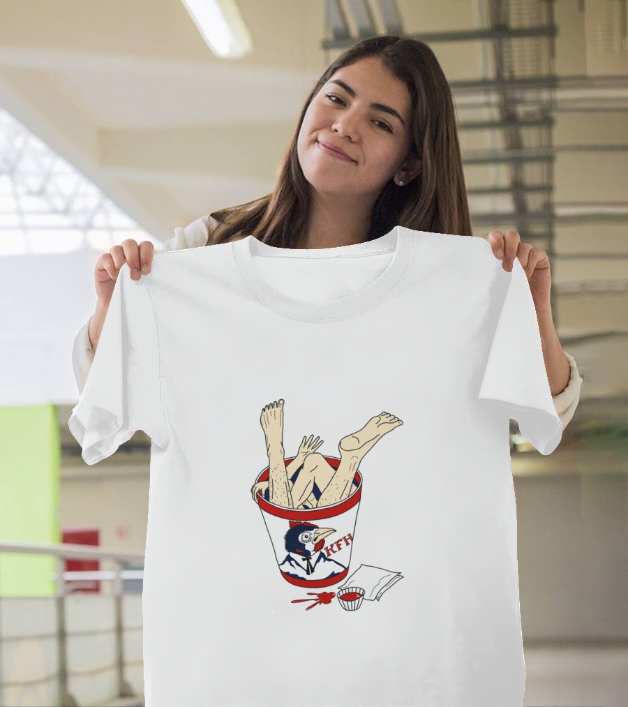 KFH Bucket with Human Legs and Arms Featuring Cartoon Chicken T-Shirt