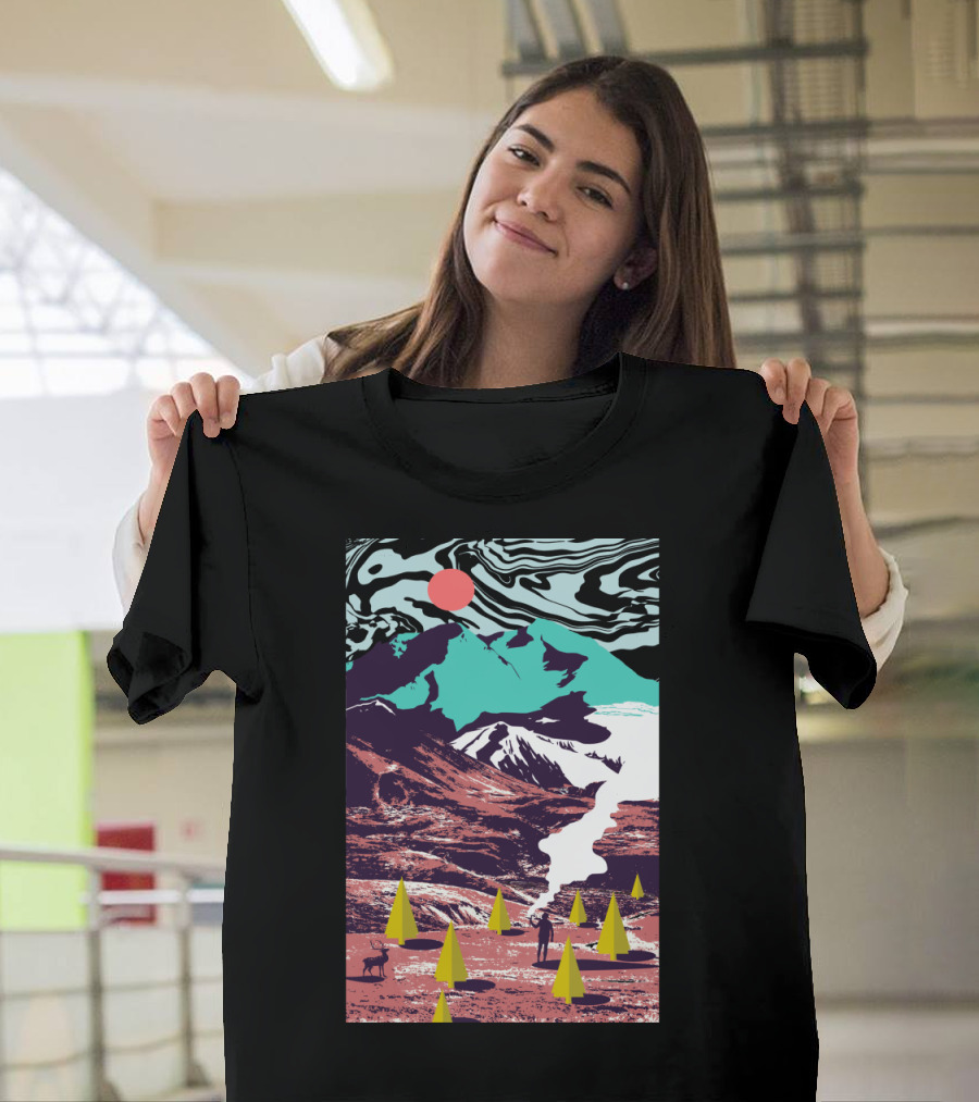 Surreal Landscape with Mountains, Trees, and Person Under Pink Sun - Lost in Translation T-Shirt