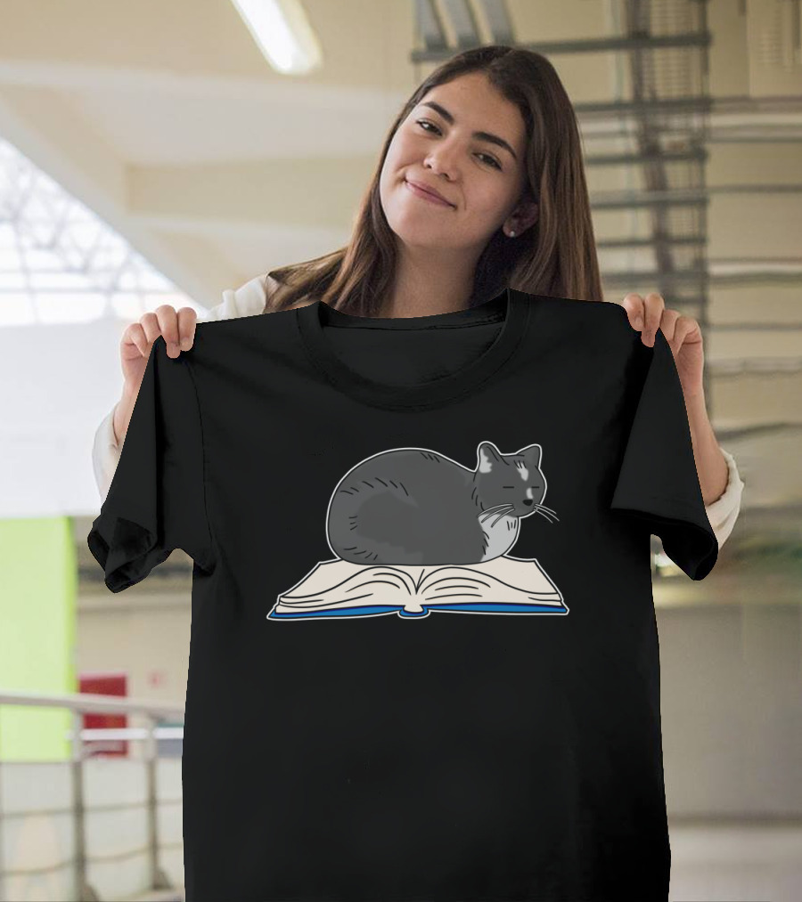 Grey Cat Resting on Open Book T-Shirt